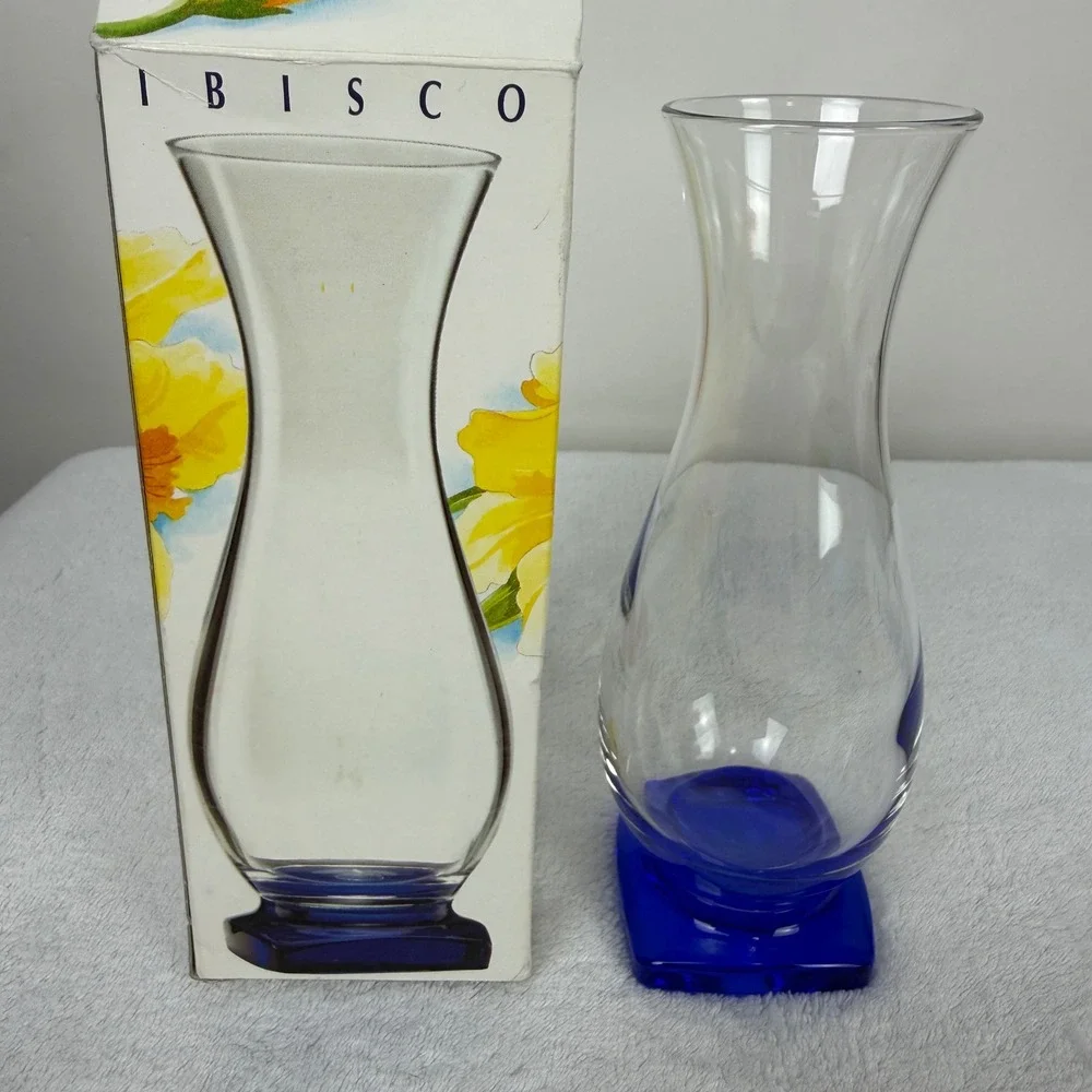 Bormioli Rocco Ibisco Clear Glass Vase Cobalt Blue Square Base Italy NIB‎